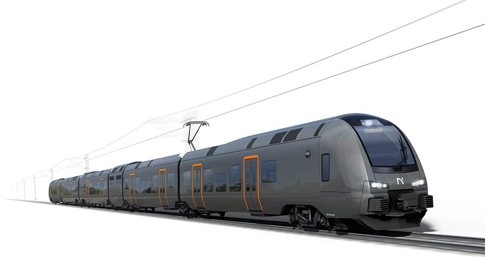 Skisse av de nye FLIRT-togene som skal trafikkere Trønderbanen. Merk at fargene på toget vil bli annerledes. (Foto: Norske Tog)