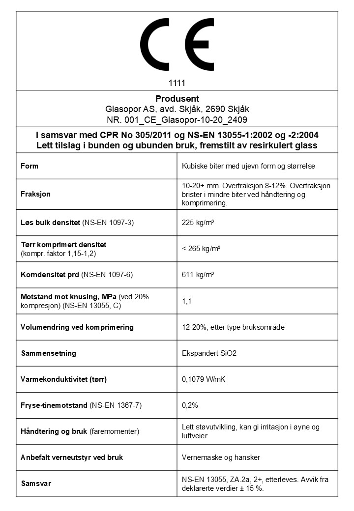 E-dokumentasjonen for Glasopor 10-20+, avd. Skjåk. Velg pålitelig og miljøvennlig skumglass for ditt byggeprosjekt.