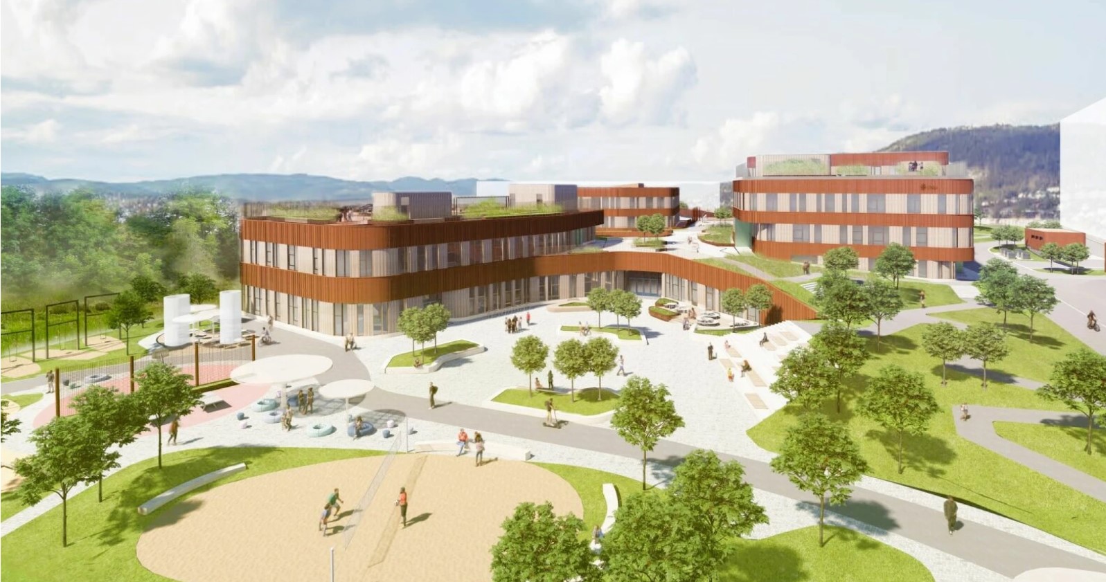 Arkitektene i L2 Arkitekter og Grindaker Landskapsarkitekter har samarbeidet tett for å skape åpne og inkluderende møteplasser. Illustrasjon: L2 Arkitekter
